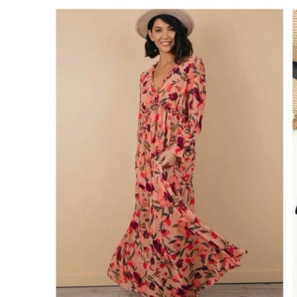 Peachy Pink Floral Empire Waist Ruffle Tiered Maxi Dress Boho Cottagecore Small - Picture 2 of 16
